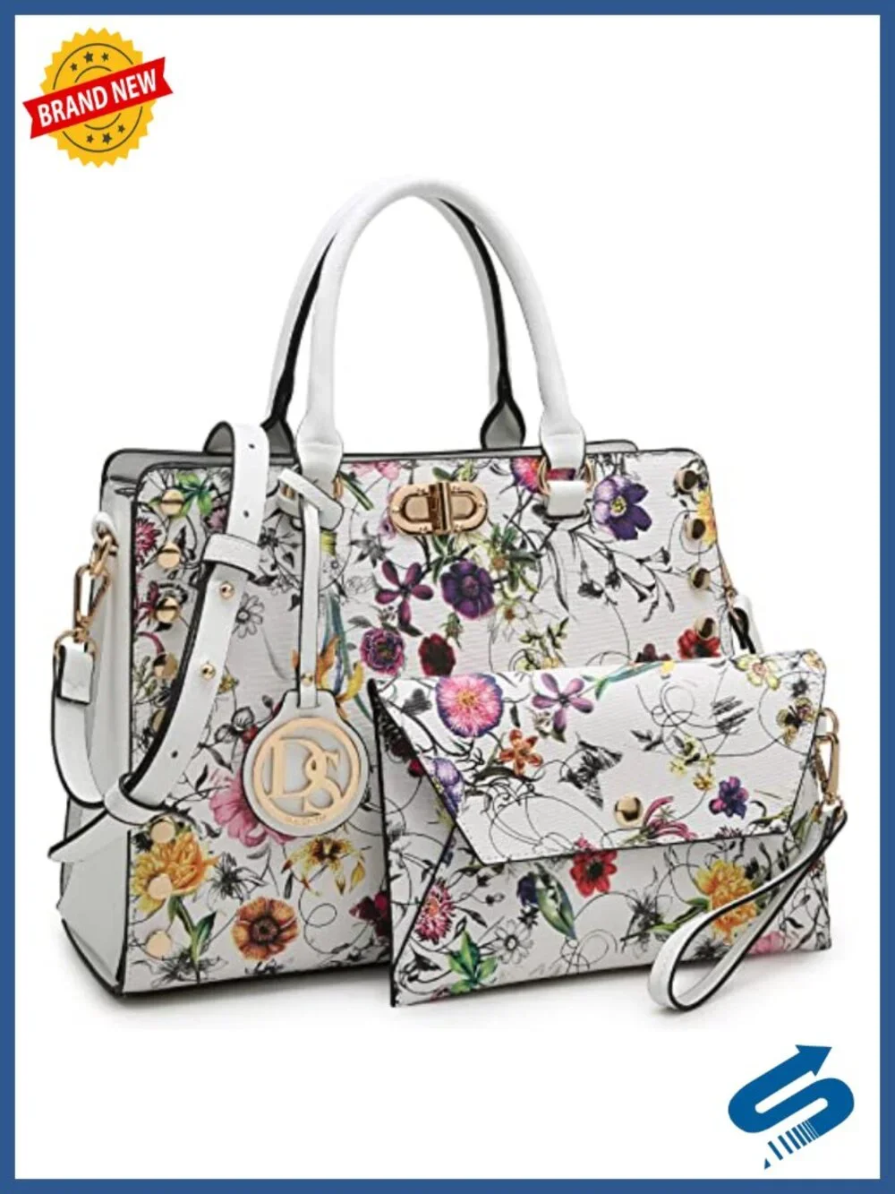 Women's Vegan Leather Satchel Handbag Tote Work Bag with Matching Clutch Set
